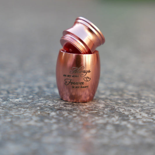 Mini-Urne – Rosa – mit Text „Always on my mind.“ „Für immer in meinem Herzen“ – Pink – Urne für Asche