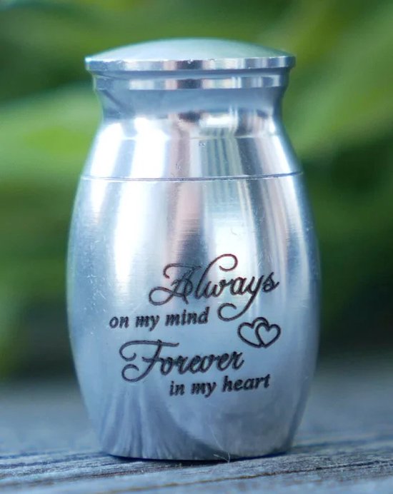 Mini urn - Silver - With text 'Always on my mind. Forever in my heart' - Urn for ashes